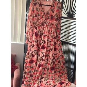 Womens Pink Floral Maxi Dress Size M Long Sleeve Ruffle V-Neck Boho Tiered